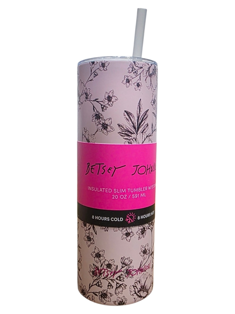 Betsey Johnson 20oz Insulated Tumbler With Straw Botanical Sketch Floral Pink